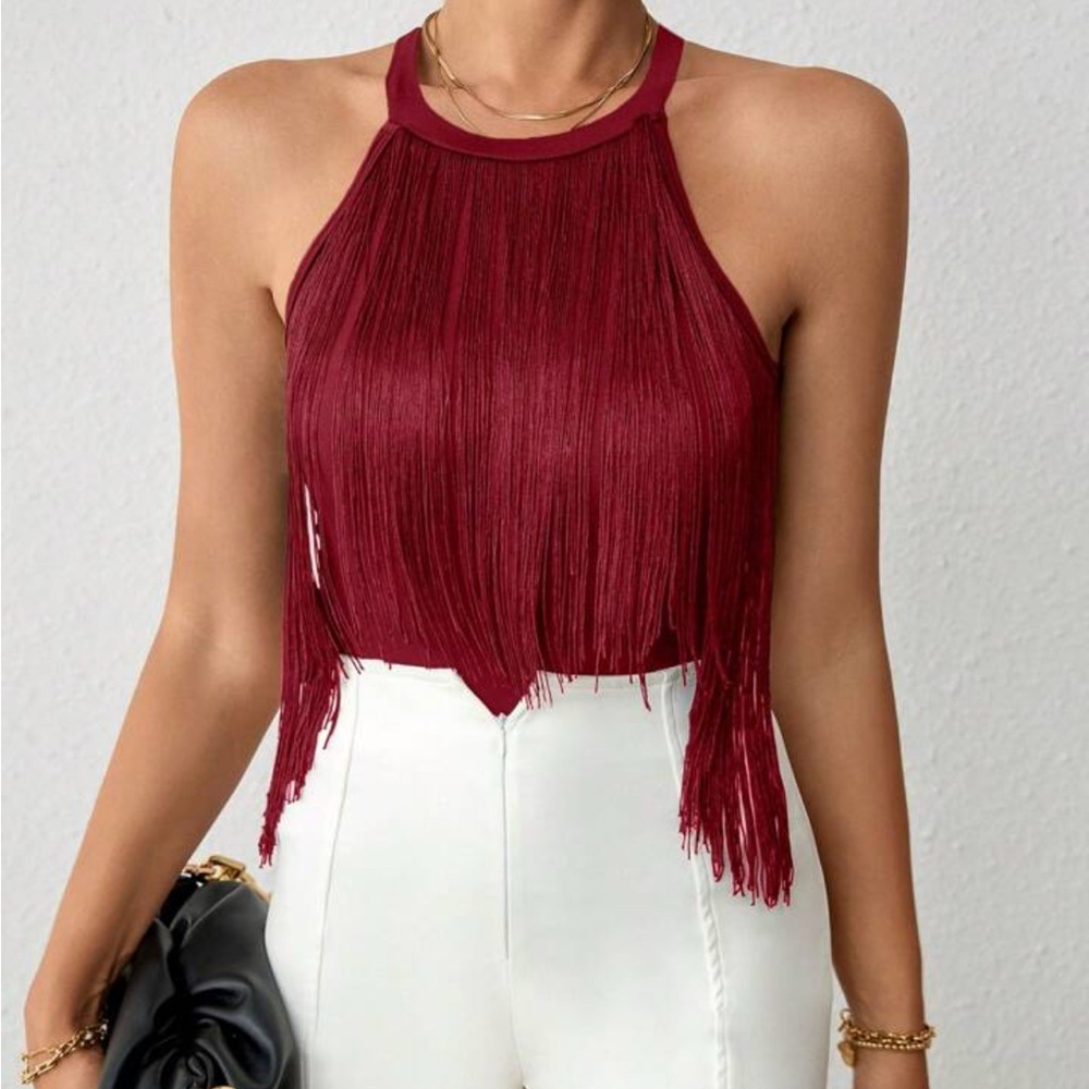 SHEIN Burgundy Fringe Halter Crop Top